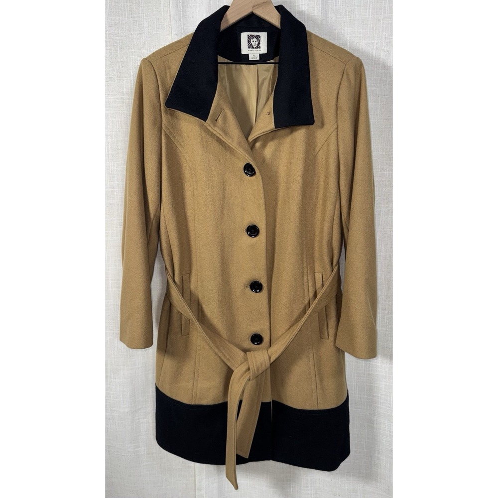 Anne Klein Women's Camel Black Wool Blend Coat‎ Jacket Sz XL Trench Belted